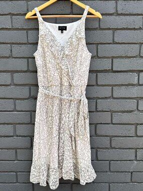 AUW Elegant White Floral Rosette Lace A-Line Lined Belted Wrap Midi Dress Ruffle